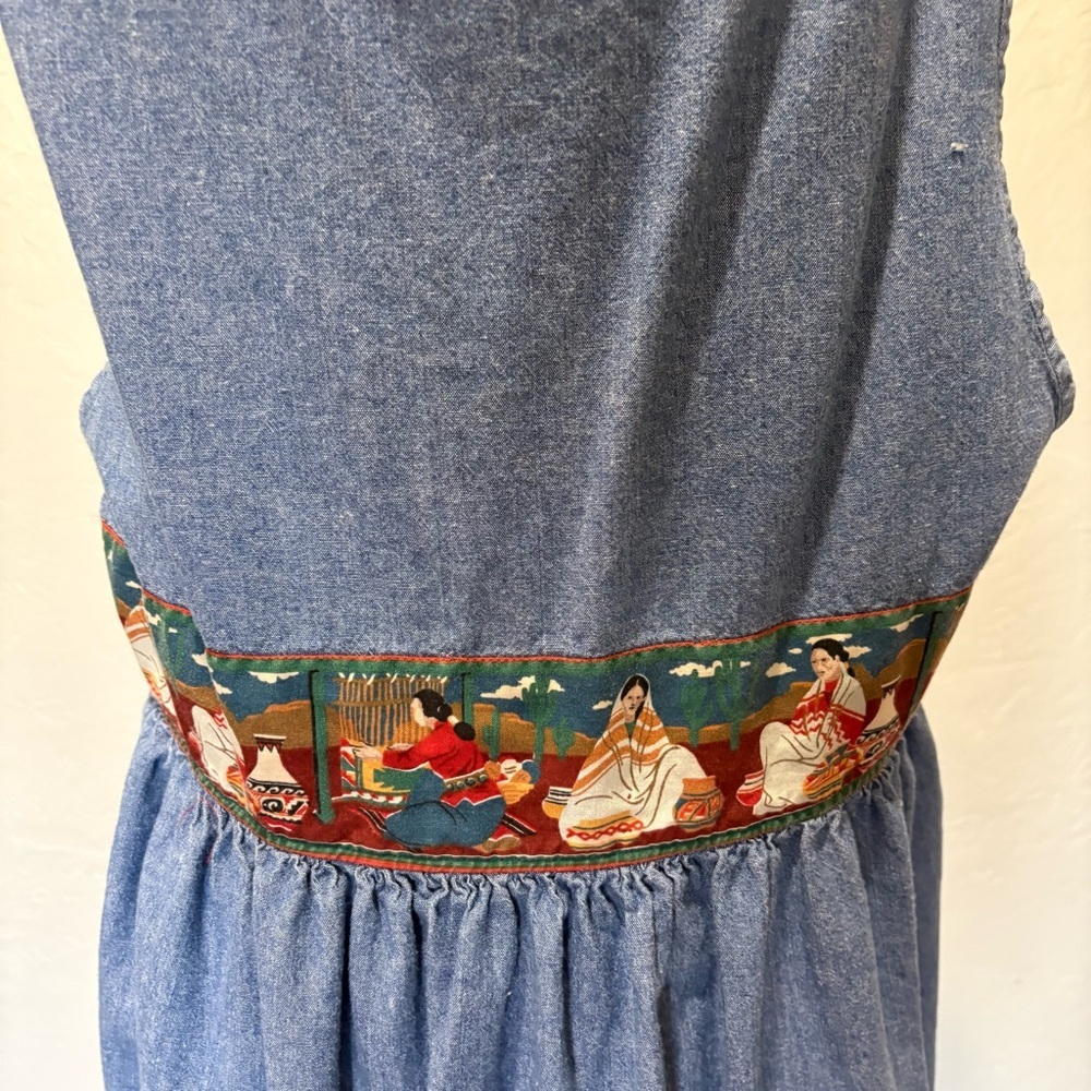 Vintage Handmade Denim Jumper Dress – Southwestern Folk Art Details – Size L - Picture 6 of 10
